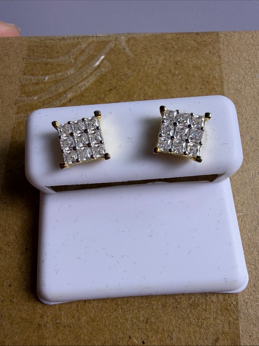 Gold-Plated Square Cluster Diamond Stud Earrings - White Stones